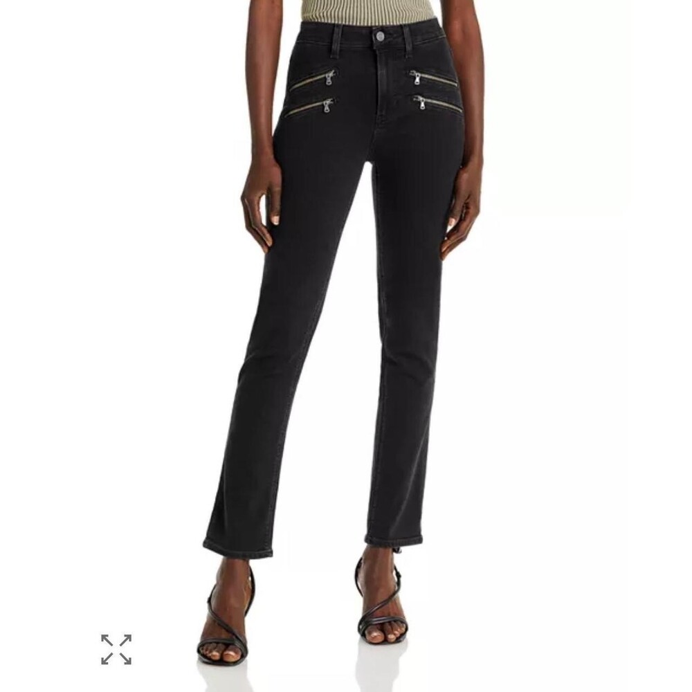 PAIGE Edgemont High Rise Straight Jeans Scorpio Black Moto Zip Size 33